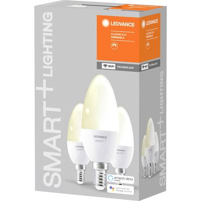 Packaging for dimmable LEDVANCE E14 Smart+ light bulbs, compatible with Amazon Alexa and Google Assistant.