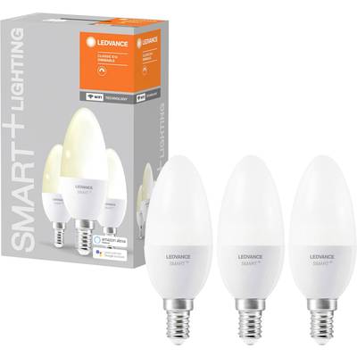 Three LED lamps with packaging. On the packaging it reads 'Smart+ Lighting', compatible with 'Amazon Alexa' and 'Google Assistant'.