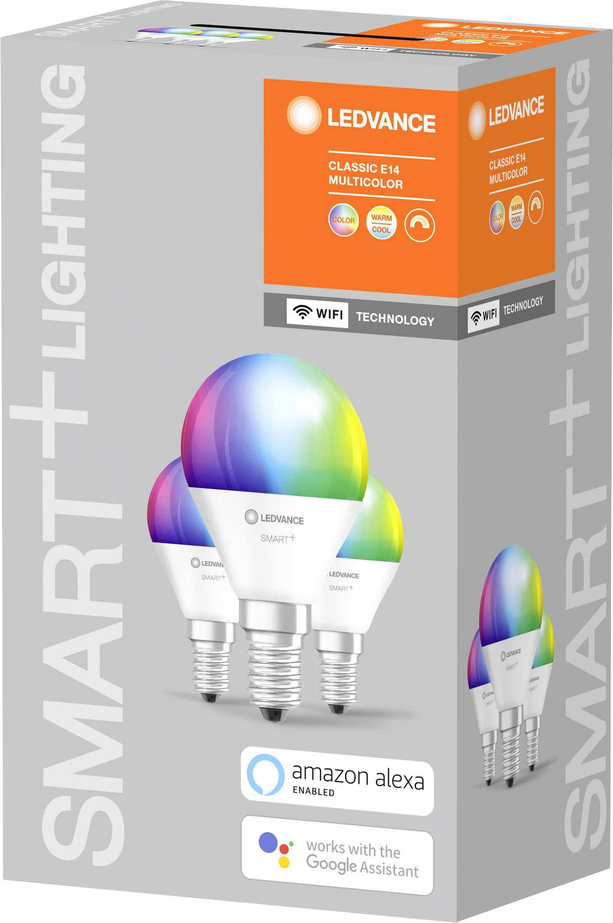 Packaging containing three LED light bulbs. Label reads: 'SMART+ Lighting'. Compatible with Amazon Alexa and Google Assistant. WiFi-enabled.