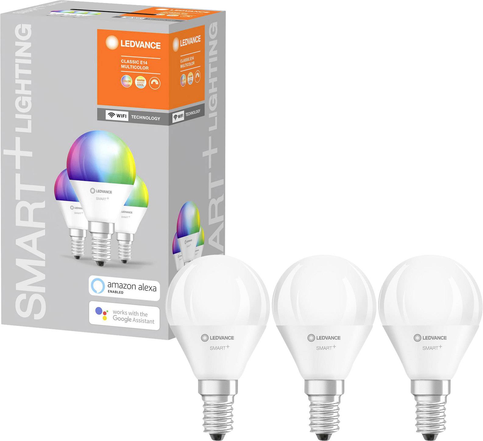 Three LED lamps from Ledvance Smart+ Lighting, positioned beside the product packaging. Compatible with Amazon Alexa and Google Assistant.
