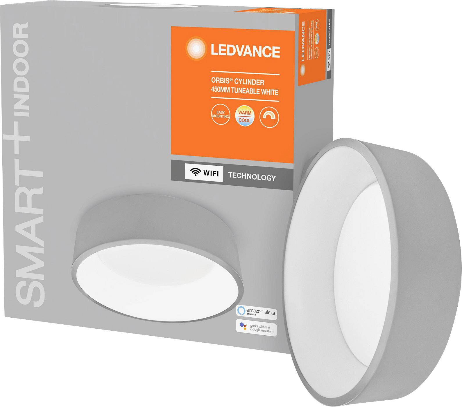 LEDVANCE Packaging for Smart Ceiling Light. 'Orbis Cylinder 450mm Tunable White'. Features: Wi-Fi Technology, Alexa Compatible.