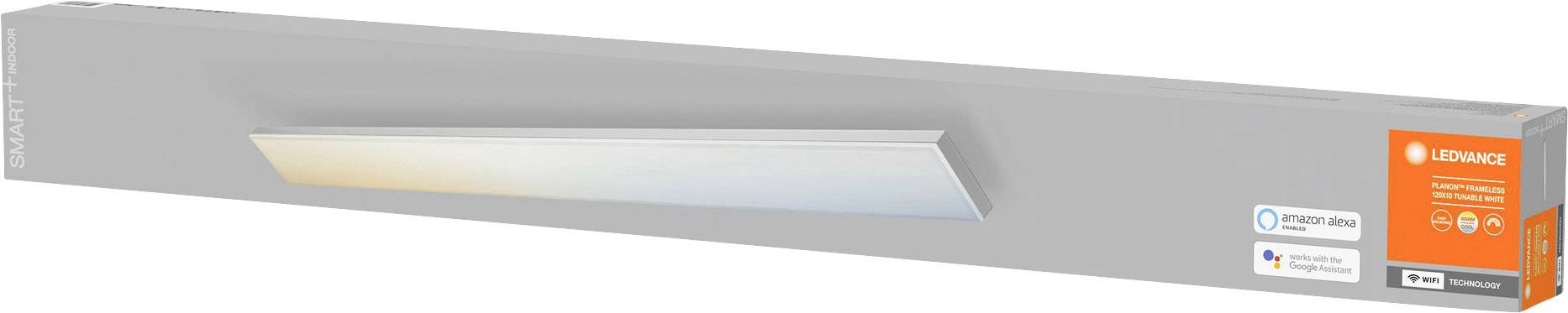 Grey packaging for a Luminarc LED lamp, compatible with Amazon Alexa and Google Assistant, featuring smart home control options.