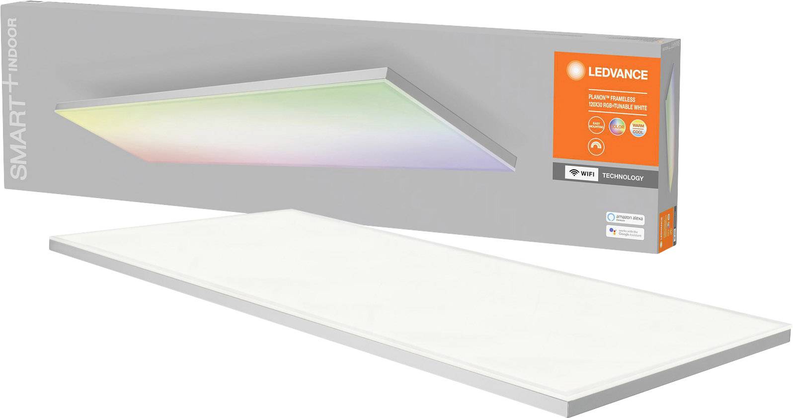 Rectangular LED ceiling light in a box. The packaging displays colours ranging from warm to cool white and RGB. Brand: Ledvance.