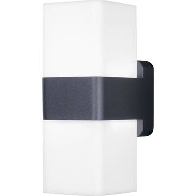 White wall light with rectangular, modern design and black mounting strap. Suitable for indoor and outdoor areas.