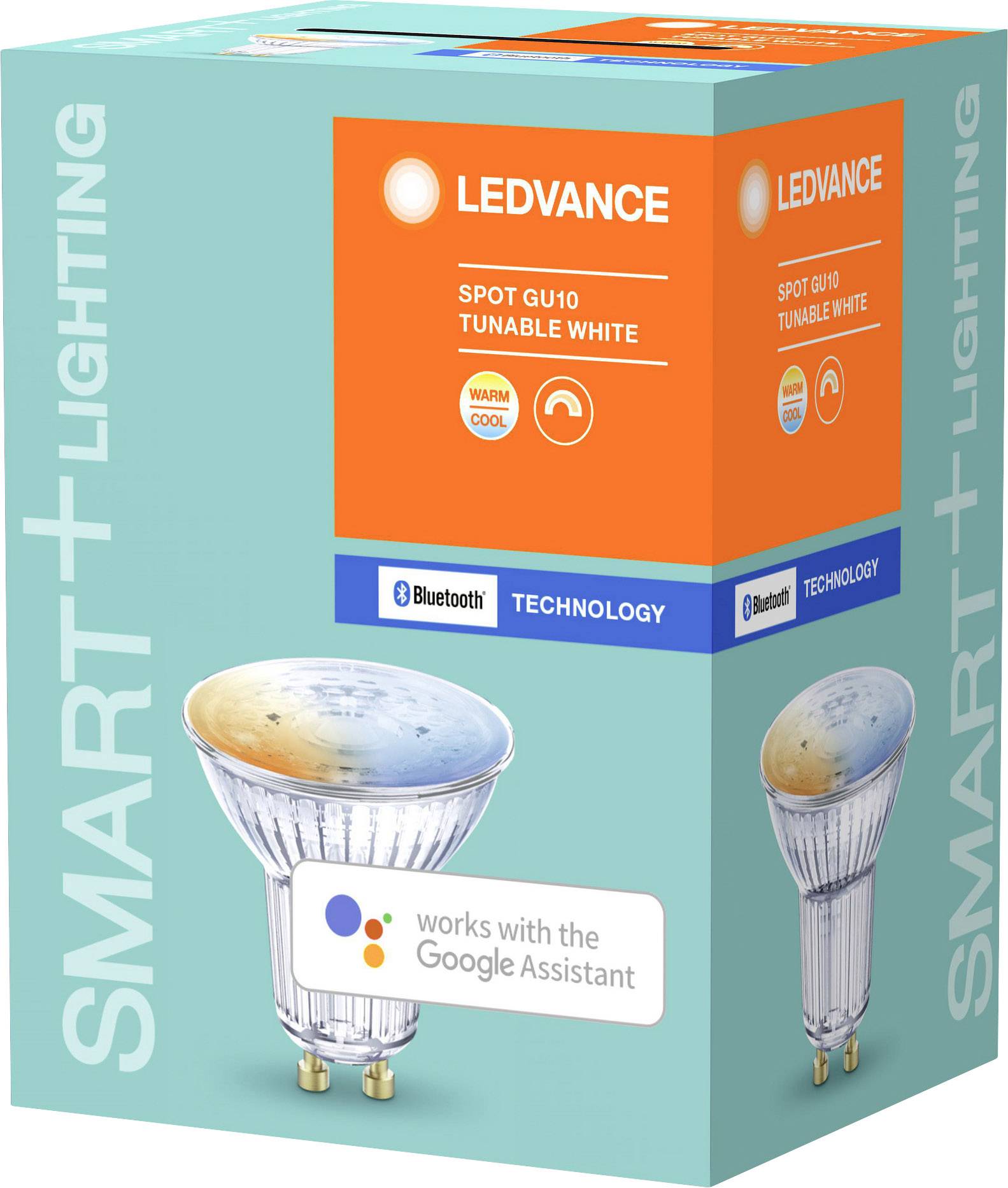 LED lamp by Ledvance, GU10, dimmable, compatible with Google Assistant, Bluetooth technology, in blue-orange packaging.