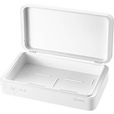 White, rectangular disinfection cabinet with open lid. Contains recessed slots and control elements on the front panel.