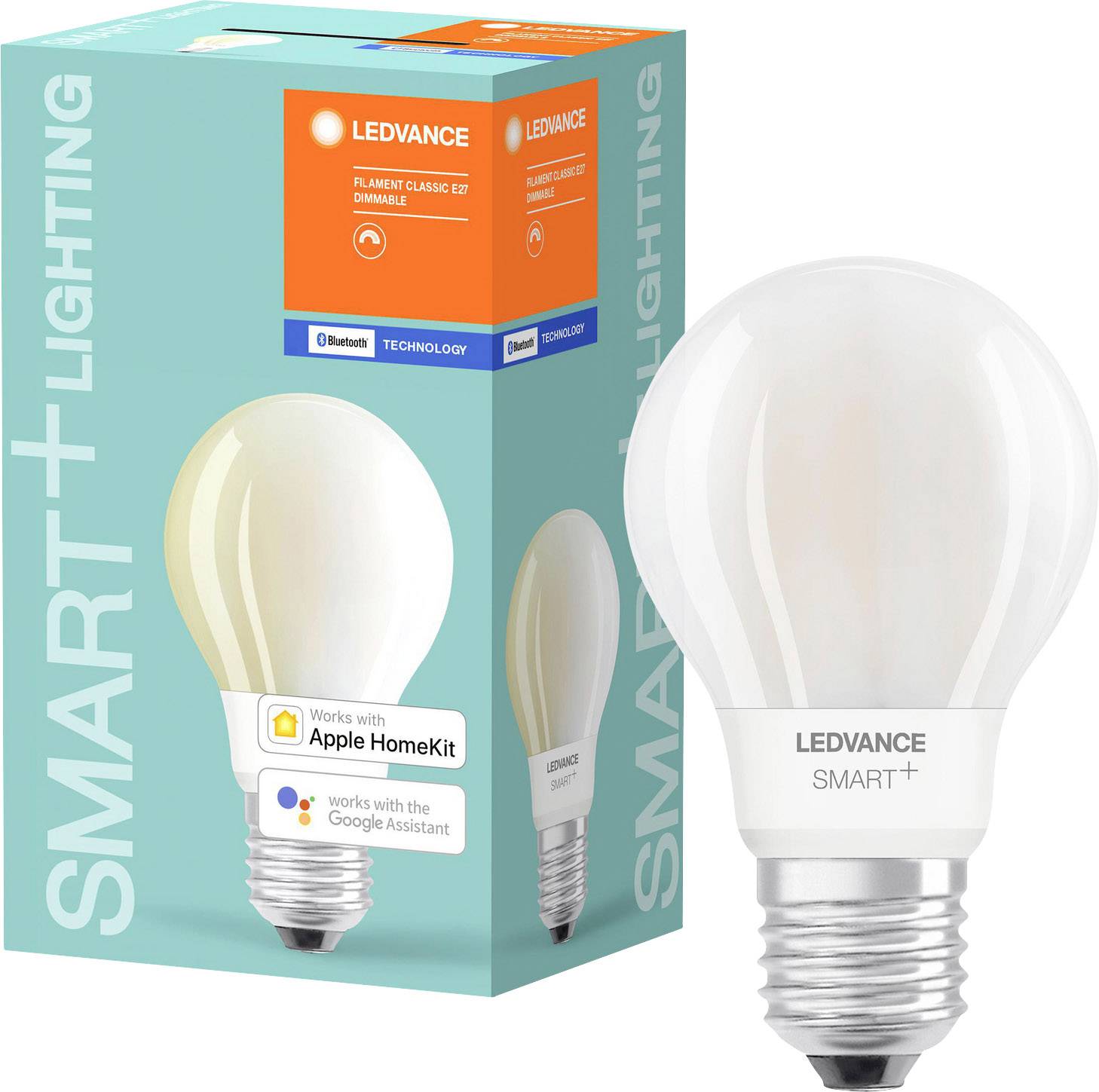 'LEDVANCE SMART+ Filament Classic LED Bulb' in packaging. Support for Apple HomeKit and Google Assistant displayed.