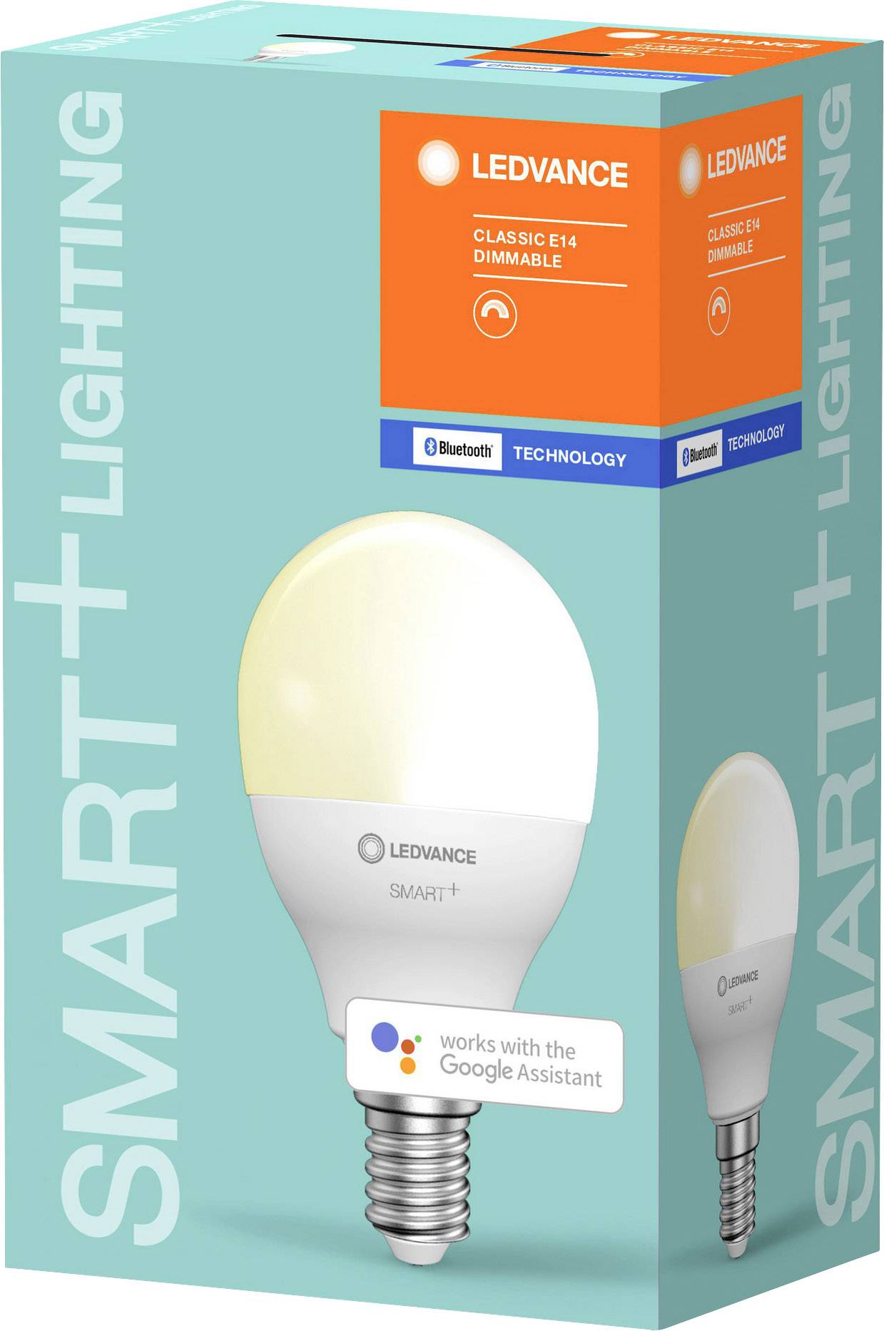 The image shows the packaging of a LEDVANCE Smart+ LED lamp, compatible with Google Assistant and Bluetooth technology, dimmable, with an E14 socket.