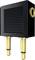 Black aircraft adapter with two gold-plated audio jack plugs, enables headphone connection to aircraft seats.