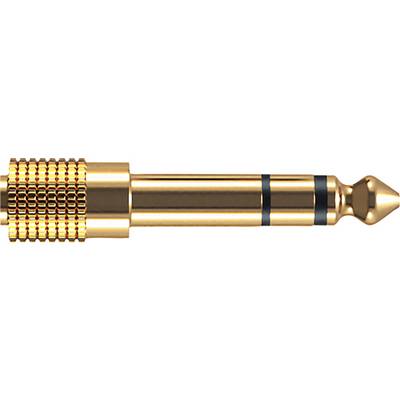 Gold-plated 6.35 mm jack adapter, stereo, plug head on the right of the image. Used for connecting audio devices.