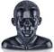 Bust of an unknown man made of black material, with short-cut hair and a neutral facial expression.
