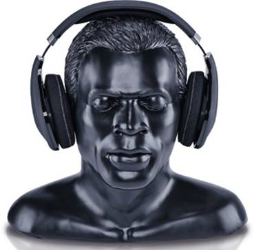 A black sculpture bust of a man is wearing headphones; it displays a neutral face without any visible expression.