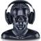 A black sculpture bust of a man is wearing headphones; it displays a neutral face without any visible expression.