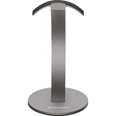 A grey headphone stand with a round base and a curved holder.