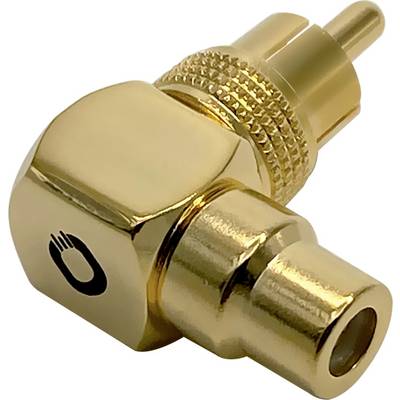 A golden RCA right-angle adaptor with male and female connectors, suitable for audio and video cable connections.