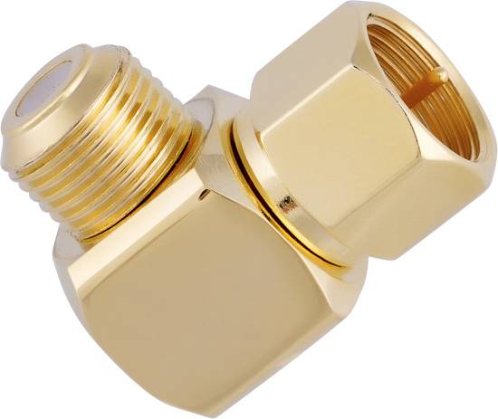 A gold-coloured right-angled adaptor with two hexagonal nuts connects signal or coaxial cables at a right angle, suitable for cramped spaces.