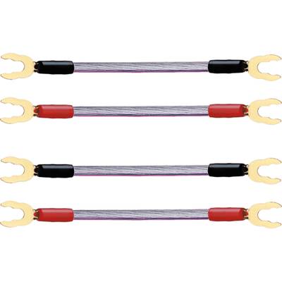Four short speaker cables with U-shaped connectors, alternating in red and black. They are suitable for connecting audio equipment.