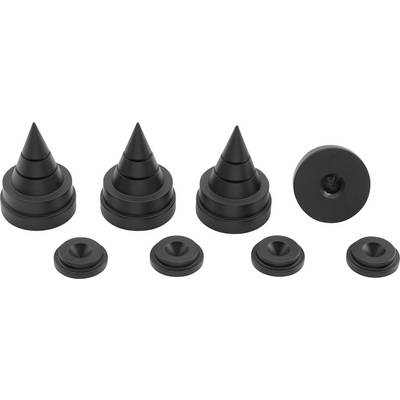 Four black conical spikes with a flat base and four matching counterparts for vibration damping of audio devices.