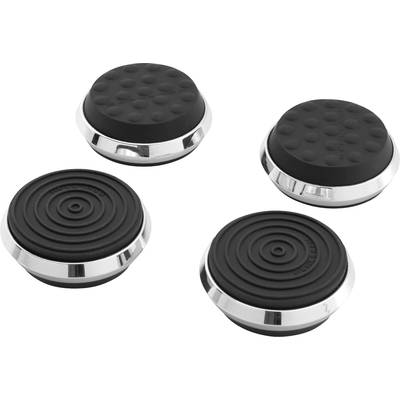 Four black, round rubber coasters with a metallic rim, two with a smooth surface and two with raised circles.