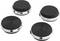 Four black, round rubber coasters with a metallic rim, two with a smooth surface and two with raised circles.