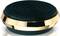 A round, flat object with black grooves and a golden border, possibly a decorative lid or stand.