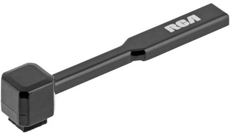 Black record brush with 'RCA' logo on the handle, used for cleaning vinyl records.