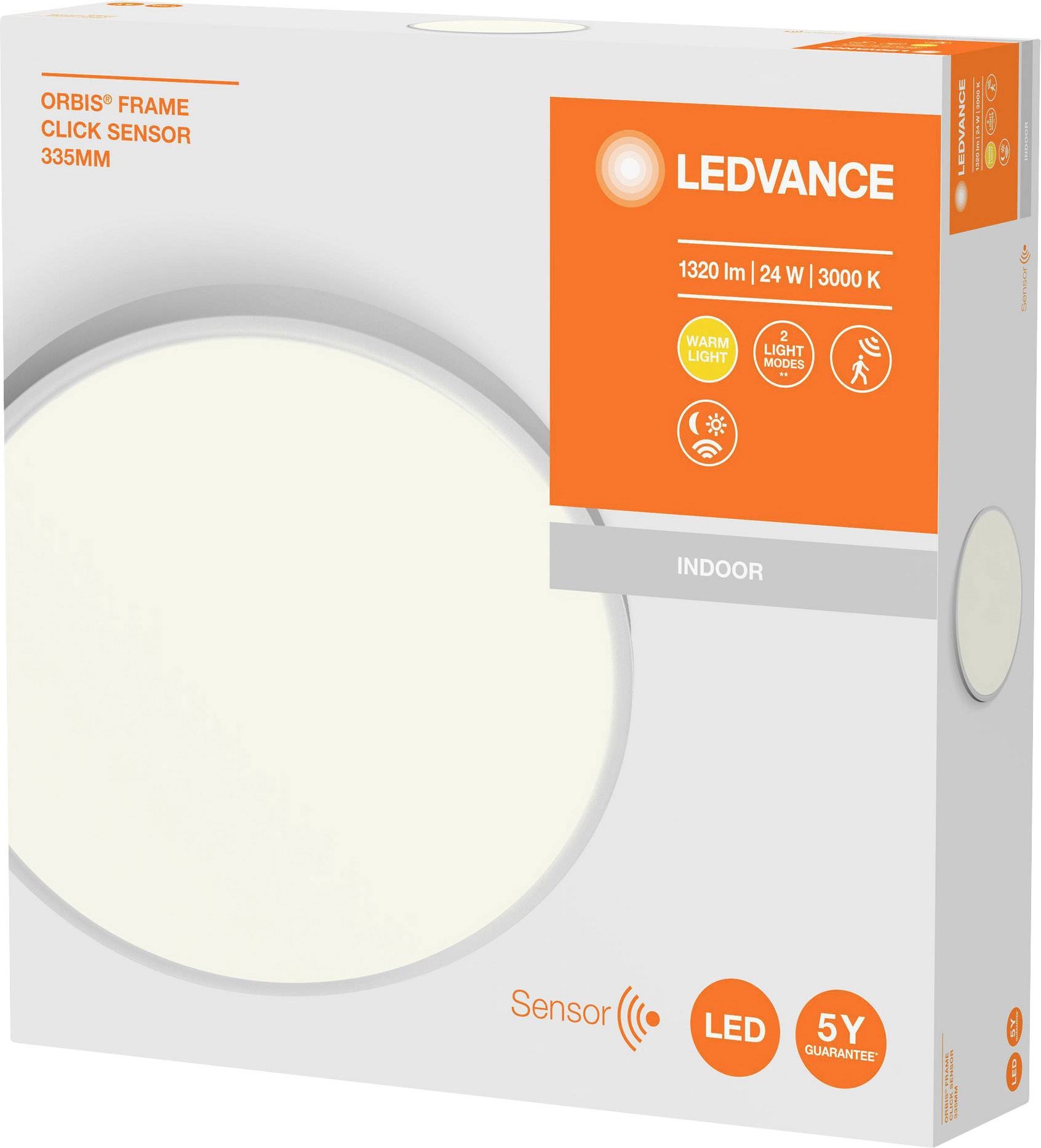 Packaging for LEDVANCE LED Ceiling Light, ORBIS FRAME model, 335 mm, 1320 lumens, 24 W, 3000 K, with Click Sensor and 5-year warranty.