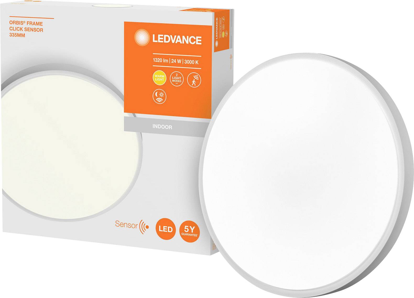 Ledvance LED light fitting, with packaging visible. Performance data: 12 W, 1320 lumens, 3000 K. Includes sensor, 5-year warranty.