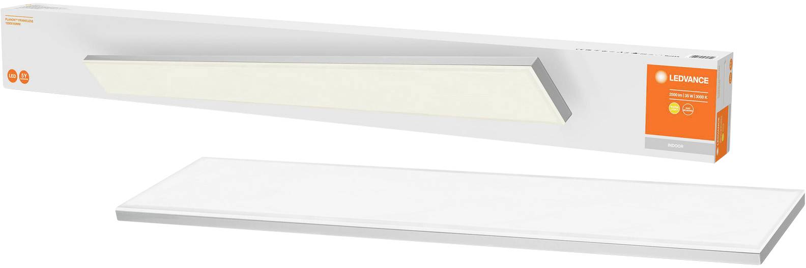 Luminaire by LEDVANCE with a rectangular, slim design next to its packaging. Energy-efficient lighting solution.