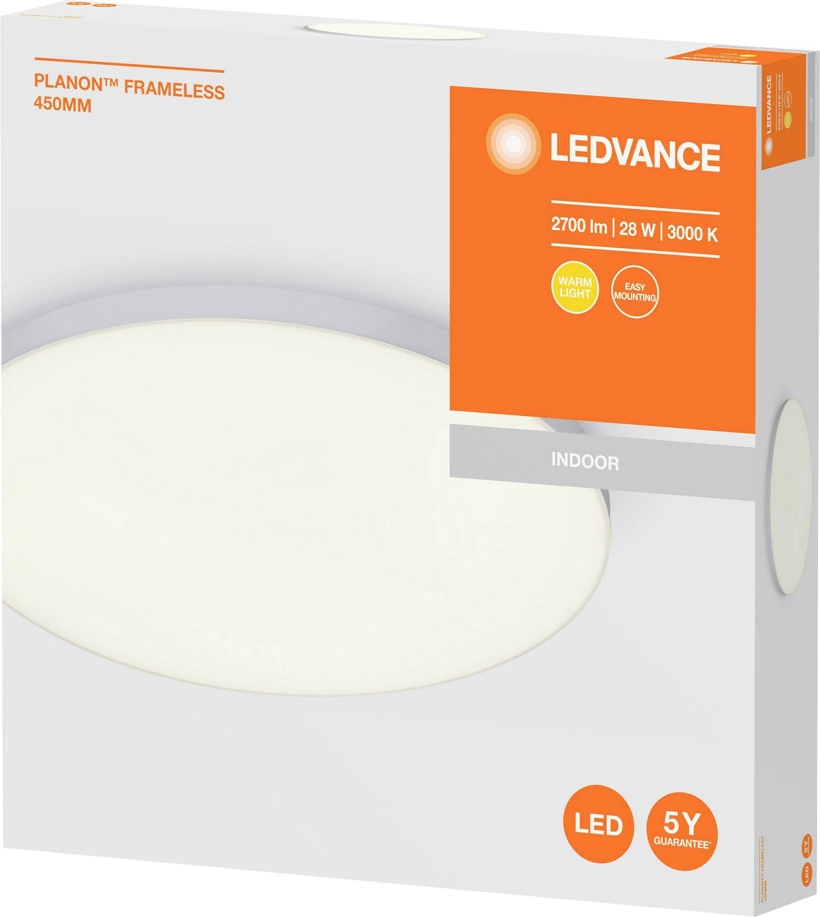 Packaging of an LED Ceiling Light by Ledvance. "Planon Frameless 450MM". 2700 Lumens, 28 Watts, 3000 Kelvin, 5-Year Warranty.