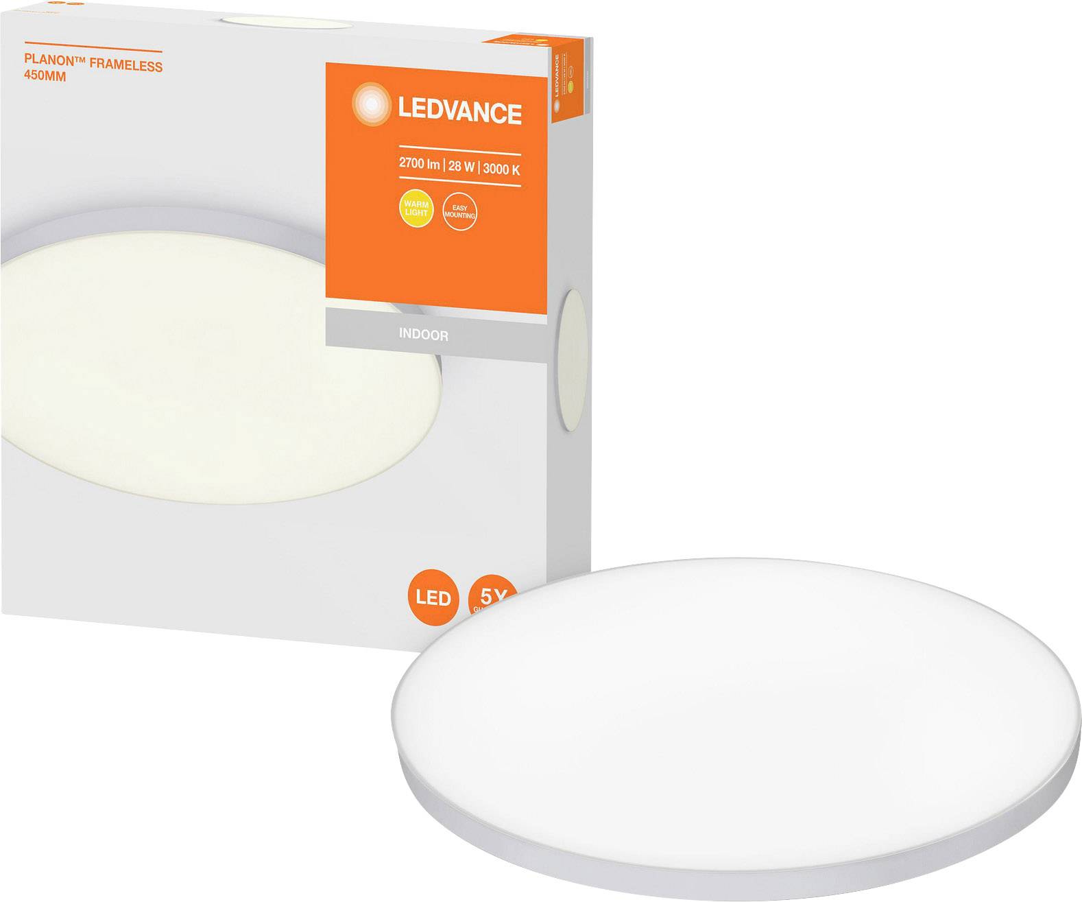 A round, frameless LED ceiling light from the Ledvance brand, pictured next to its packaging.