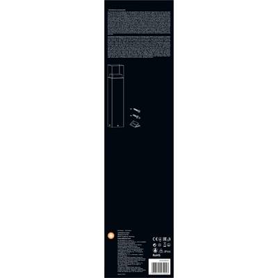 Product packaging with a graphical illustration of a lamp assembly instructions. At the bottom, legal notes, manufacturer information, and certificates.