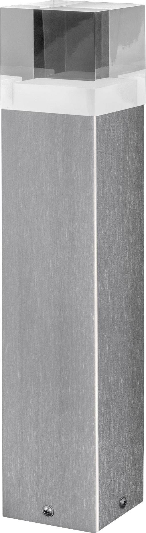 A modern exterior light in a rectangular shape made of stainless steel with a transparent upper section, suitable for illuminating paths or gardens.