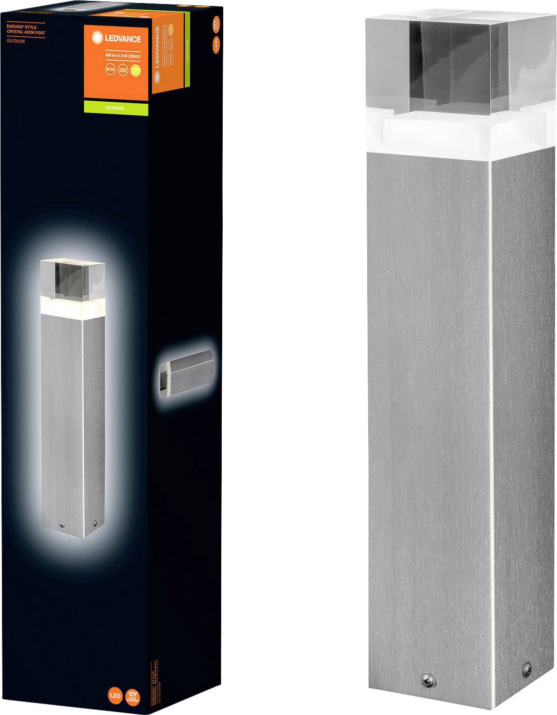 An LED outdoor light with a modern, angular design made of stainless steel. Packaging displays the light with details about material and lighting functions.