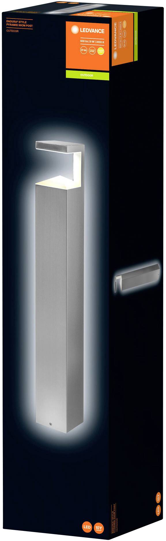 The packaging shows a modern, silver garden light with a rectangular design and LED technology, from the brand LEDVANCE.
