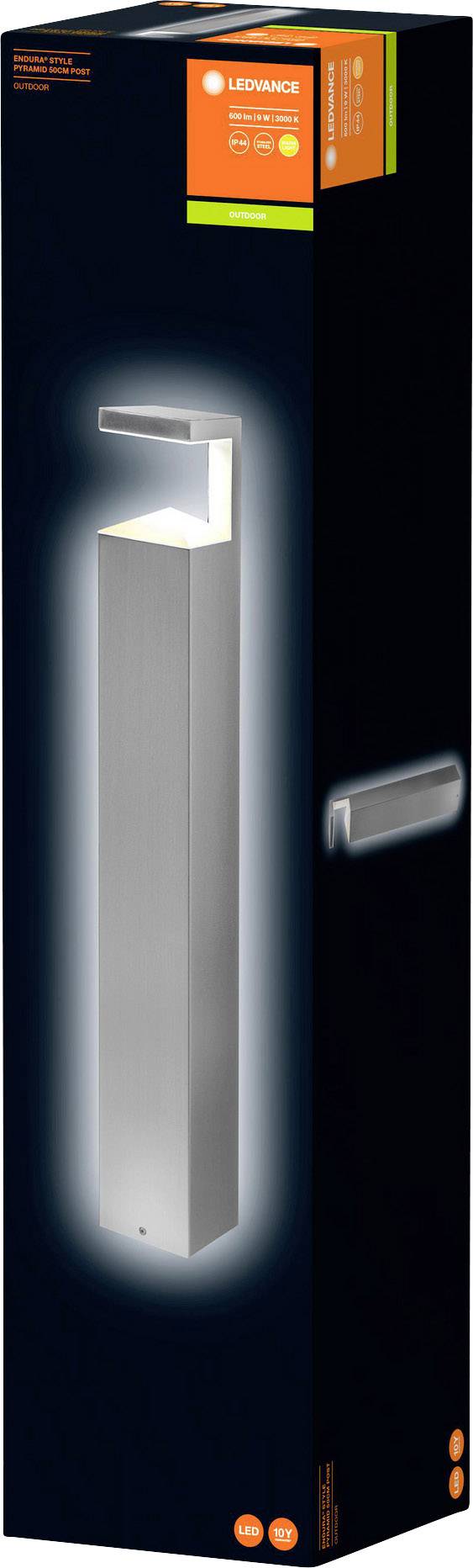 A packaging of a LEDVANCE LED outdoor light in a stainless steel finish. The light is modern in design and suitable for outdoor use.