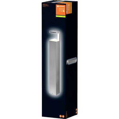 A packaging of a LEDVANCE LED outdoor light in a stainless steel finish. The light is modern in design and suitable for outdoor use.