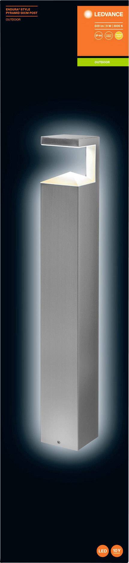 A modern, rectangular outdoor light made of metal with an angled lampshade. The LEDVANCE logo and brand name situated in the top right corner.