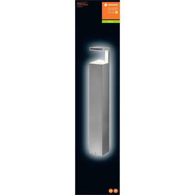 A modern, rectangular outdoor light made of metal with an angled lampshade. The LEDVANCE logo and brand name situated in the top right corner.