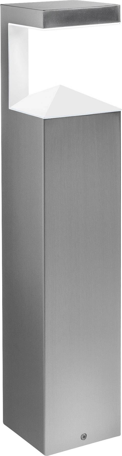 Modern outdoor light in stainless steel finish with a rectangular, minimalist design, open cube at the top and integrated lighting element.