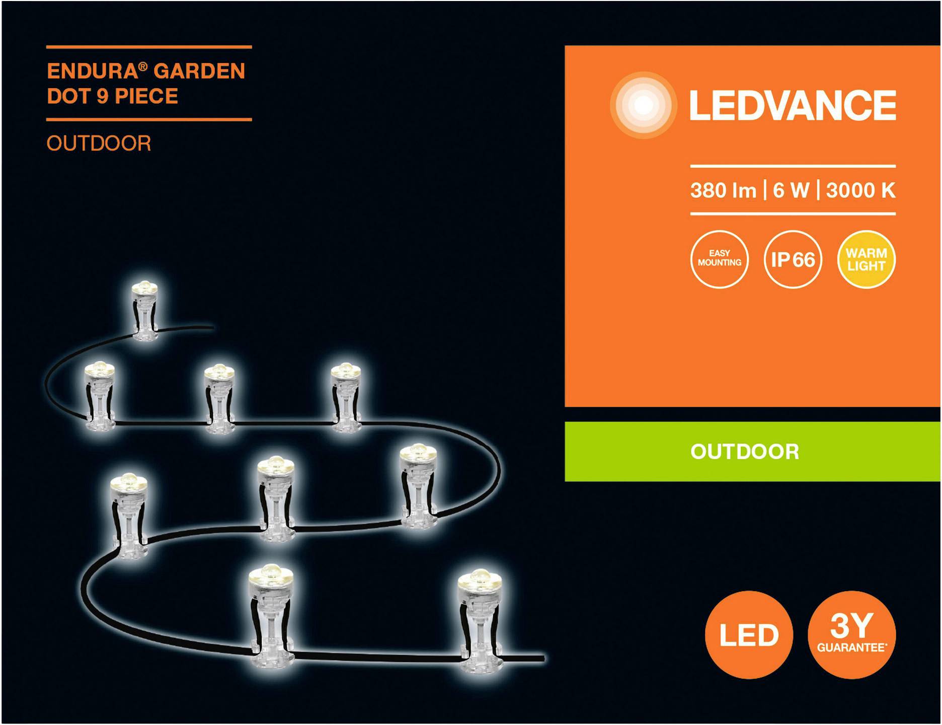 'Endura® Garden Dot 9 Piece Outdoor' Lighting, showing distribution of nine lights in a garden environment. Specification: 6W, 3000K, 380lm, IP66, warm white, easy installation.