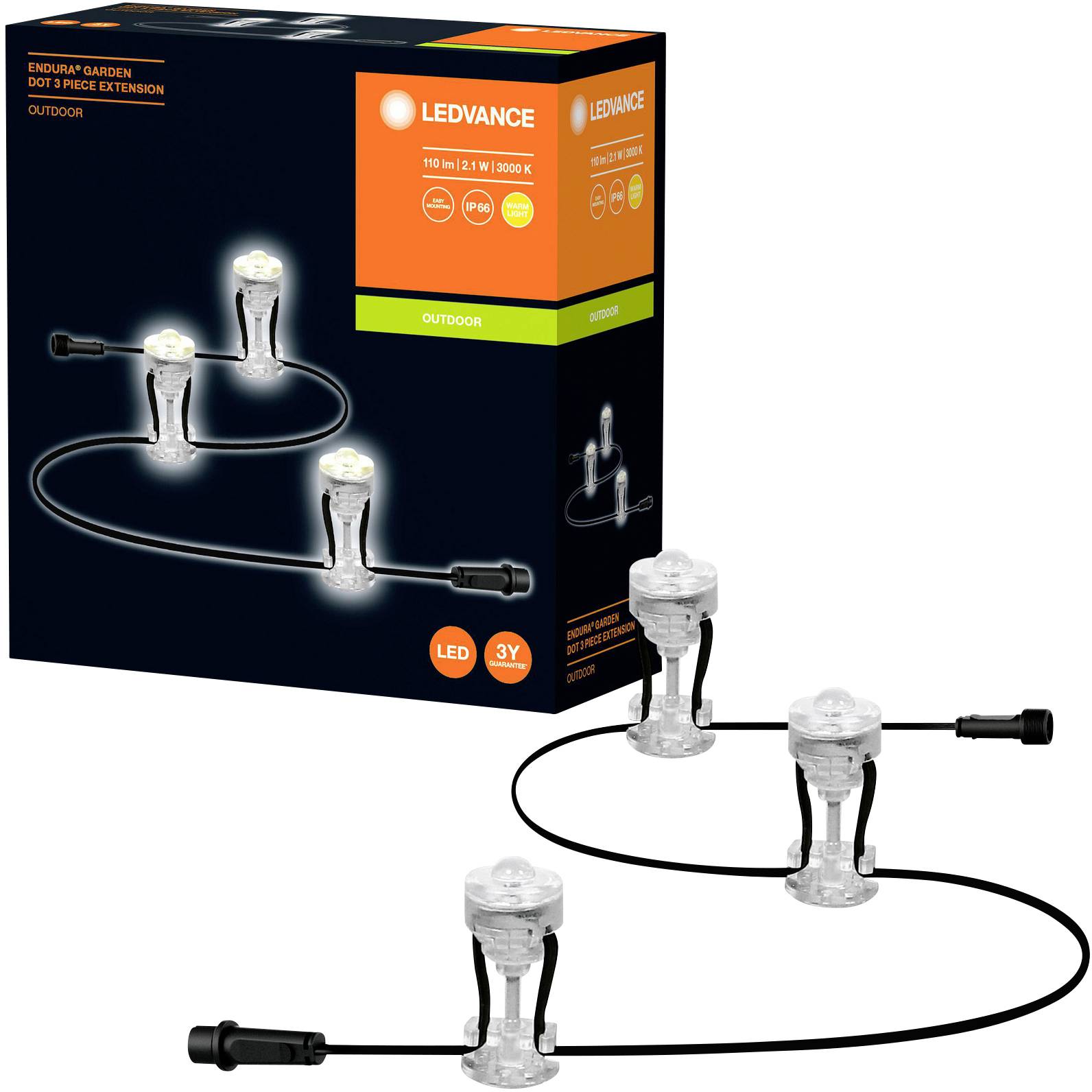 Packaging and extension cable with three LED lights from Ledvance shown, designed for outdoor use. Suitable for garden lighting.