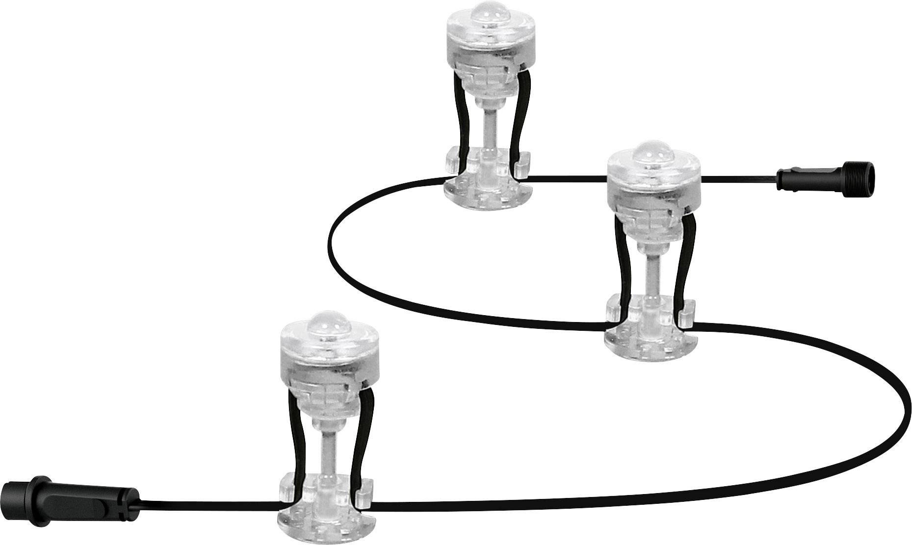 Three transparent LED lights, connected by a black cable, on a white background.