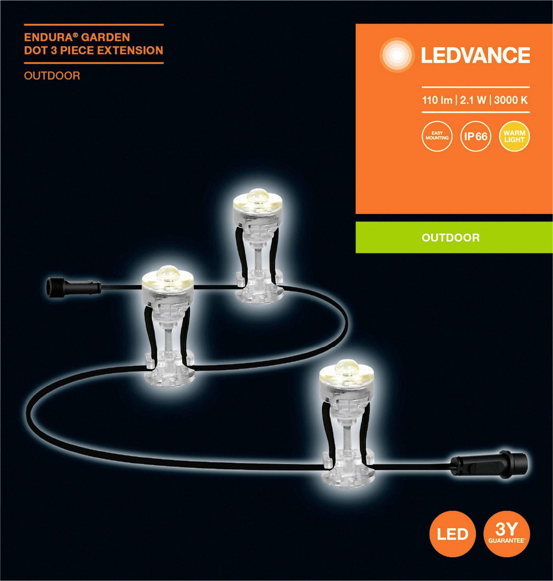 LED Garden Lighting 'ENDURA Garden Dot 3 Piece Extension'. Contains three interconnected lights, splash-proof (IP66), 3000K, 110 lm, 2.1 W, suitable for outdoor use.