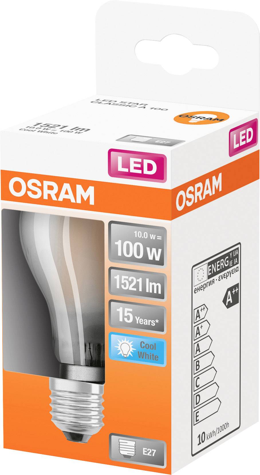 OSRAM LED light bulb, 100W, 1521 lumens, 15-year lifespan, 'Cool White' colour temperature, Energy Class A++. Packaging displays product information.