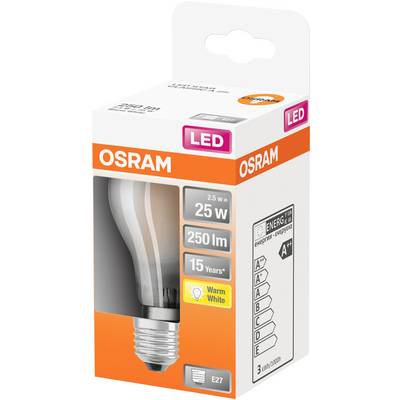 Packaging of an OSRAM LED light bulb, 25 Watts, 250 Lumens, warm white, E27 fitting, Energy Rating A+. Lifespan up to 15 years.