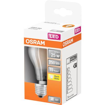 Light bulb in packaging, brand 'Osram', LED, 25W, 250 lumens, 15-year lifespan, warm white, Energy Efficiency Class A++.