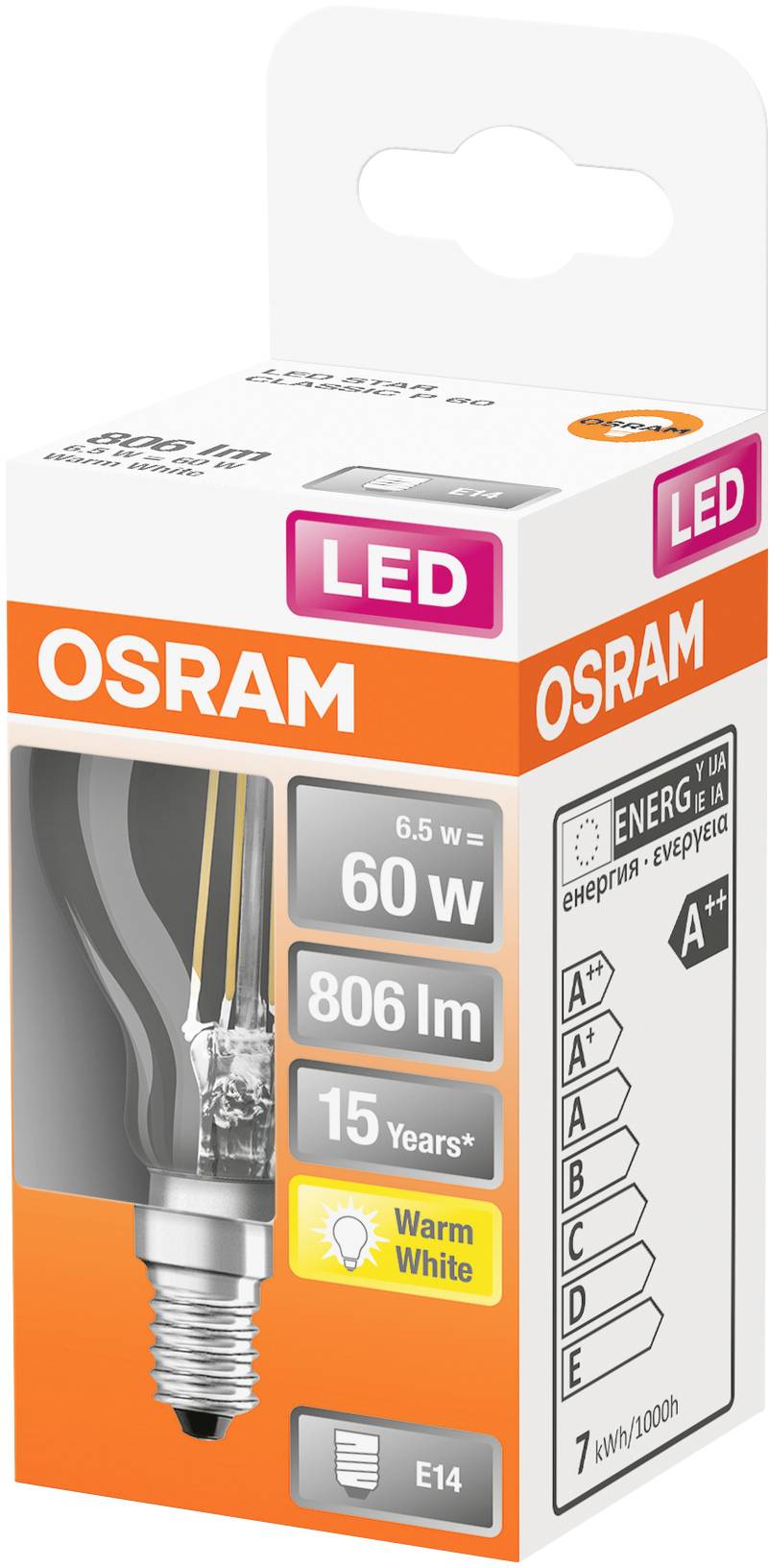An OSRAM LED light bulb packaging with details: 6.5 W power, 806 lumens, 15-year lifespan, E14 fitting, warm white light.
