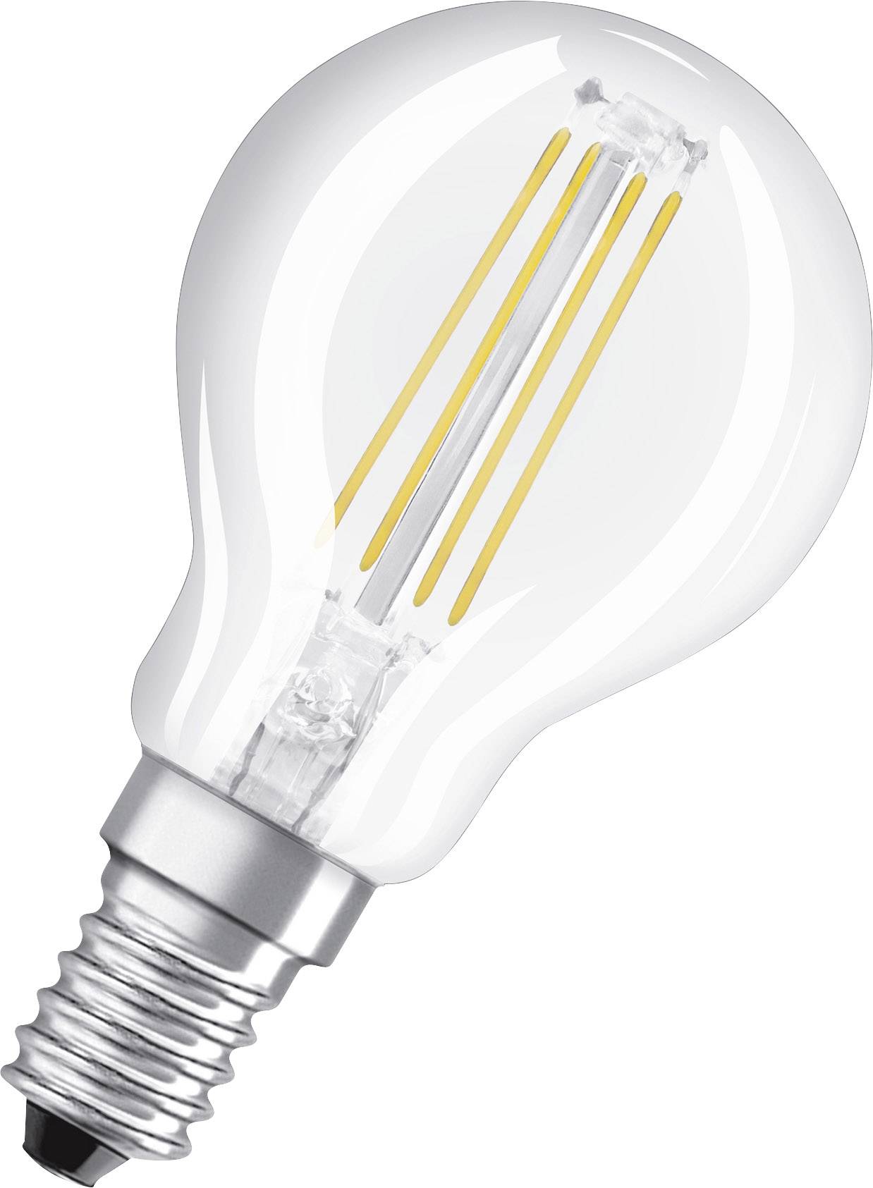 A LED light bulb with an E14 socket shows yellow filaments inside, representing energy-efficient lighting.