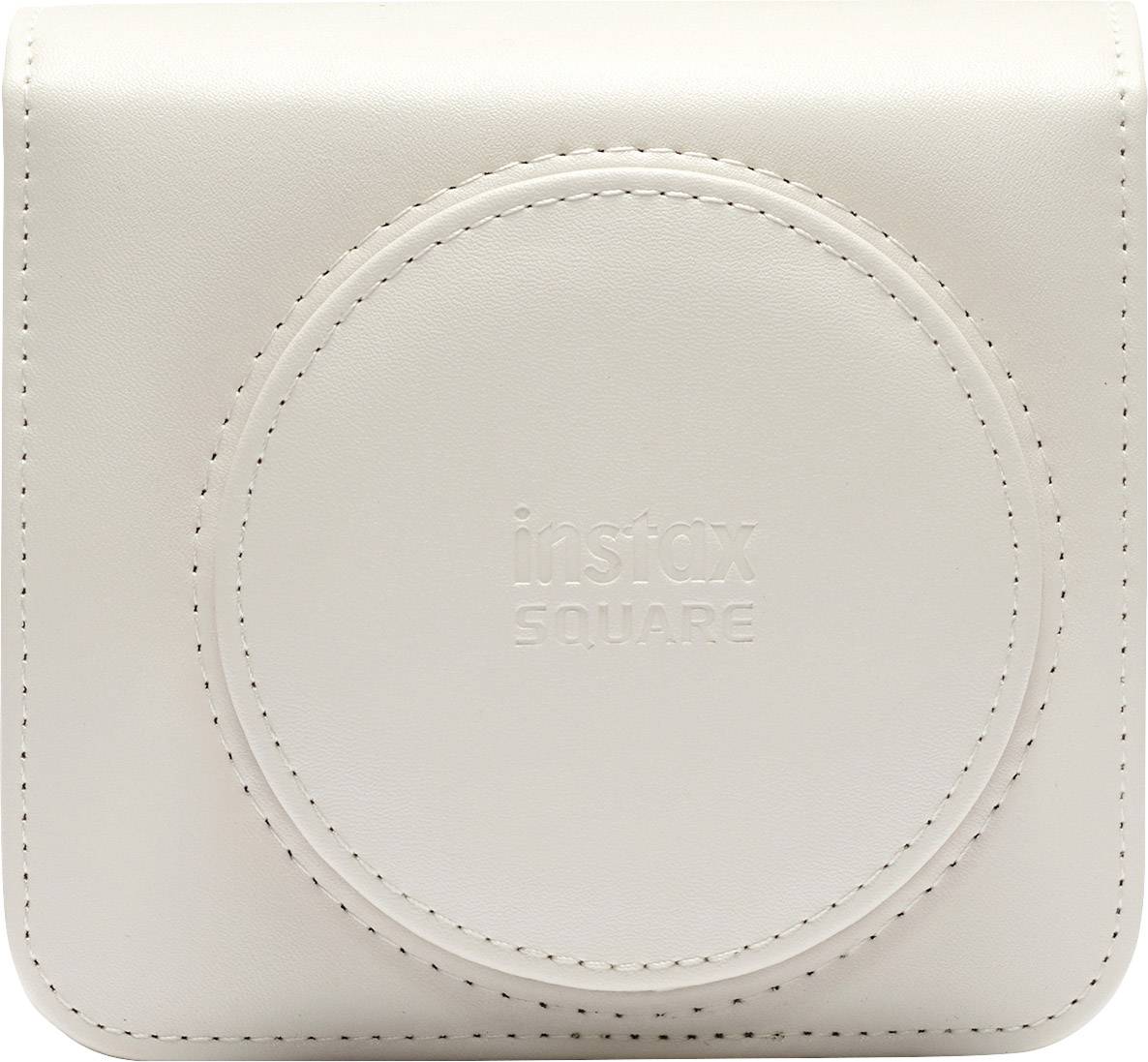 White camera bag with embossed 'instax SQUARE' logo, suitable for square instant cameras.